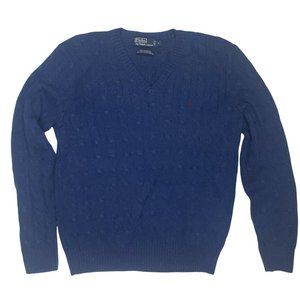 Polo Ralph Lauren Men's Large 100% Tussah Silk Cable Knit Sweater V-Neck Blue